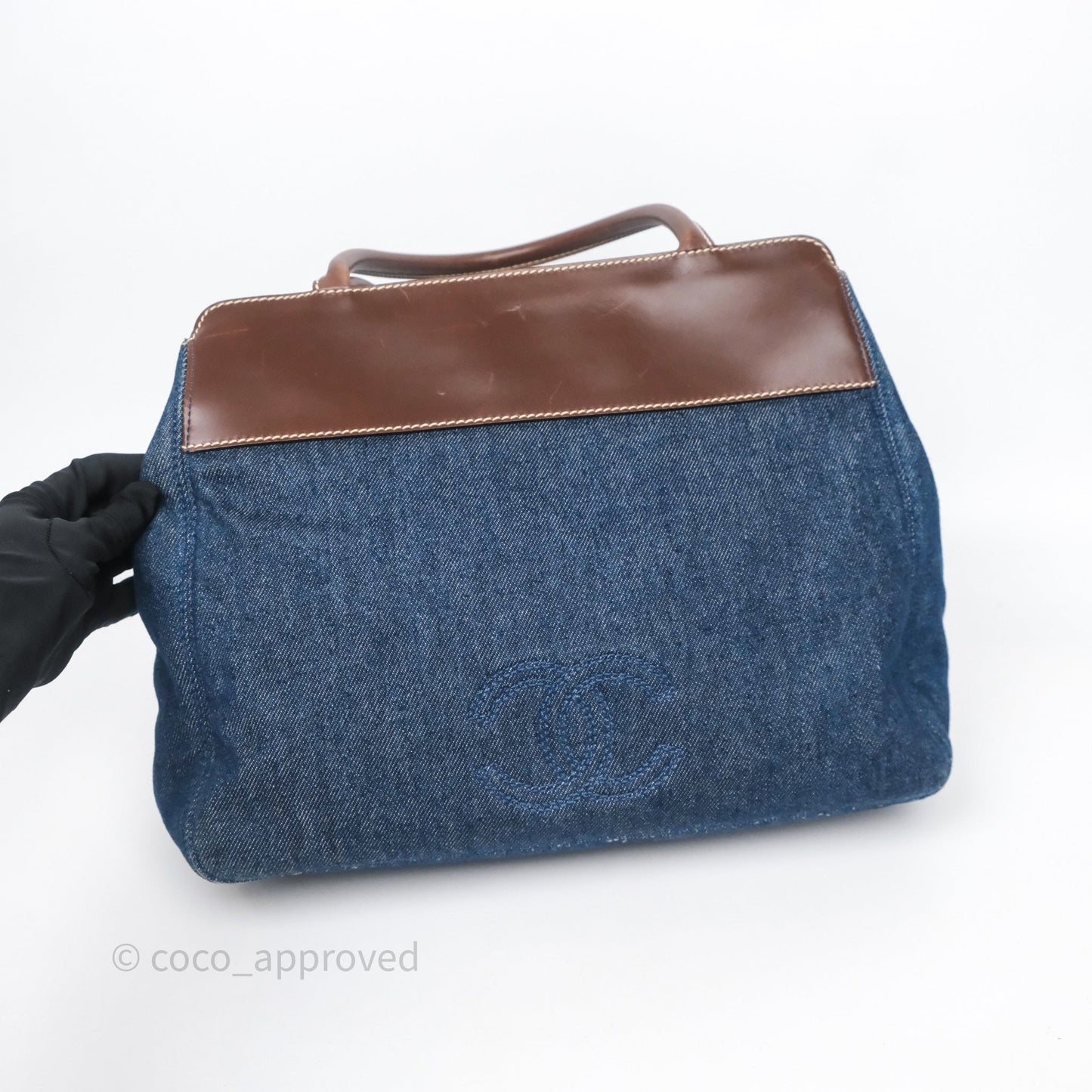 Chanel Vintage CC Tote Bag Denim Brown Leather