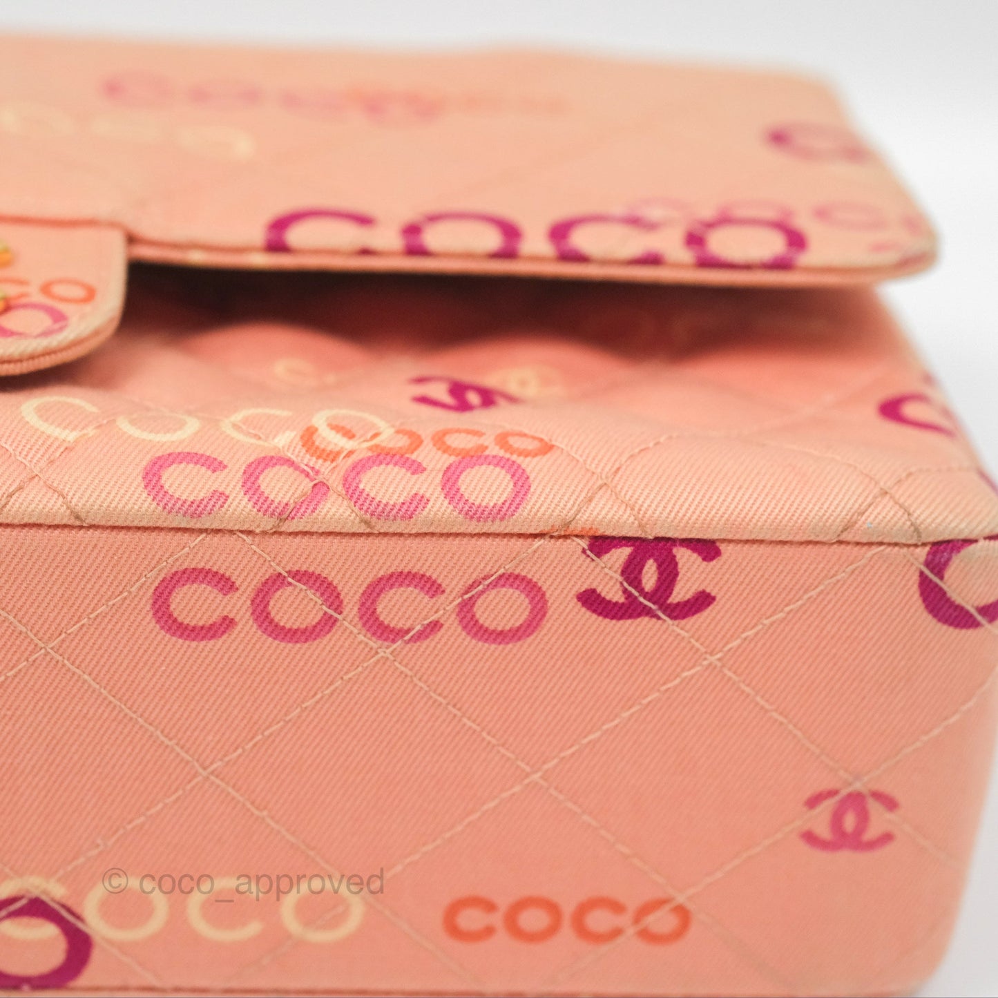Chanel Coco Logo Medium Classic Flap Quilted Coral Pink Canvas Gold Hardware