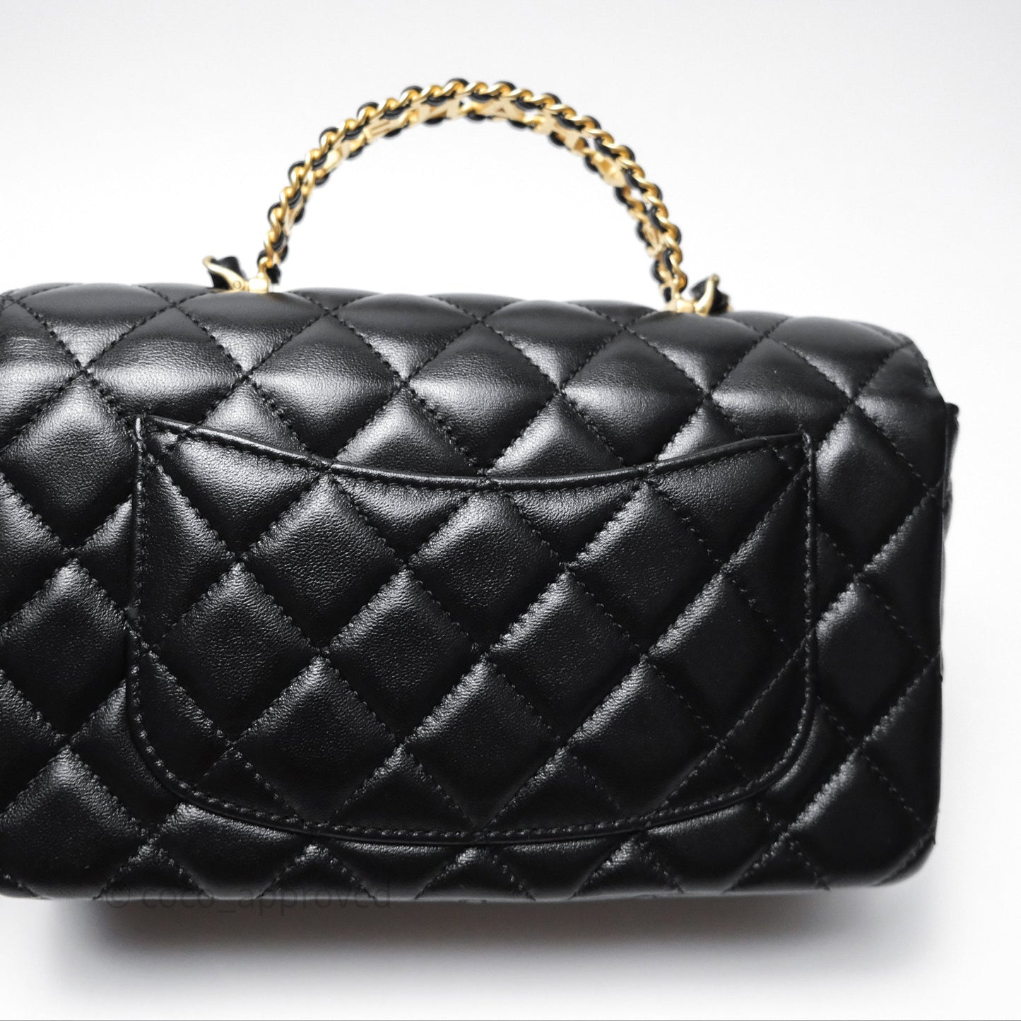 Chanel Flap Bag with Crystal Logo Top Handle Black Lambskin Aged Gold Hardware