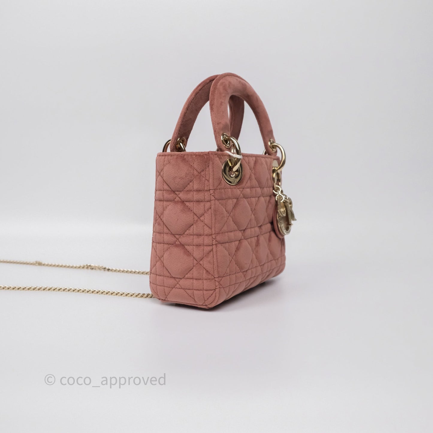 Dior Mini Lady Dior Pink Velvet Cannage Crystal Charms Gold Hardware