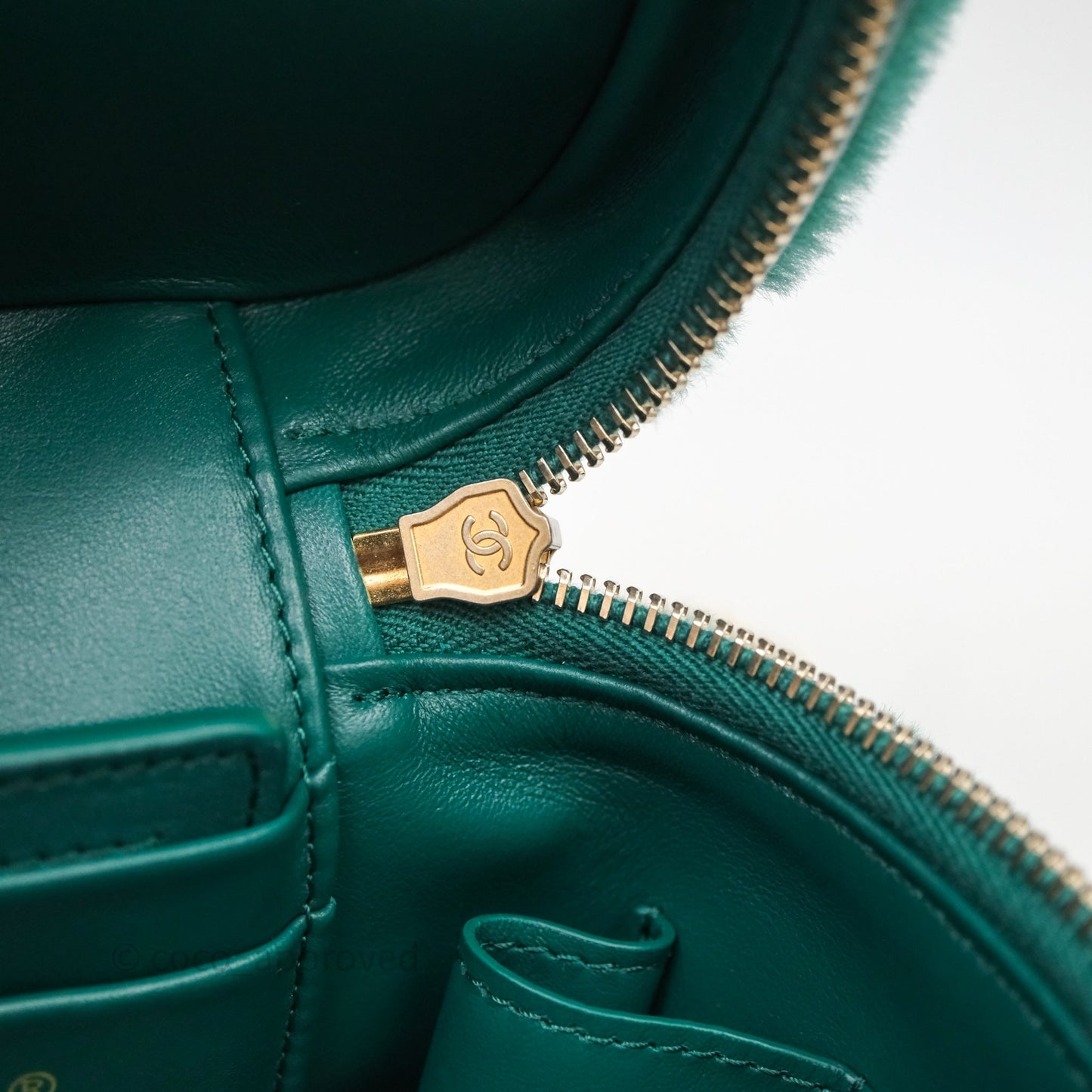 Chanel Small Vanity Case Green Shearling Aged Gold Hardware 22A