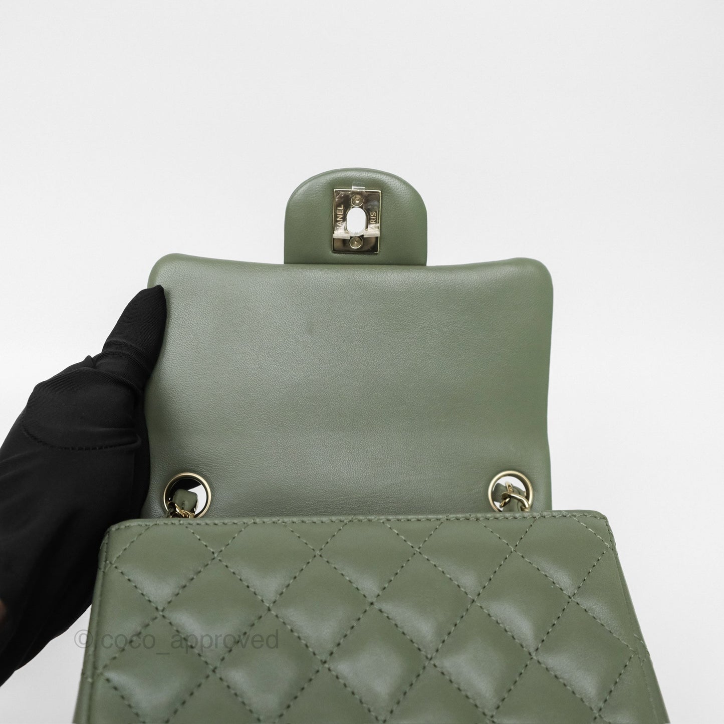 Chanel Mini Square Flap Quilted Olive Green Lambskin Gold Hardware