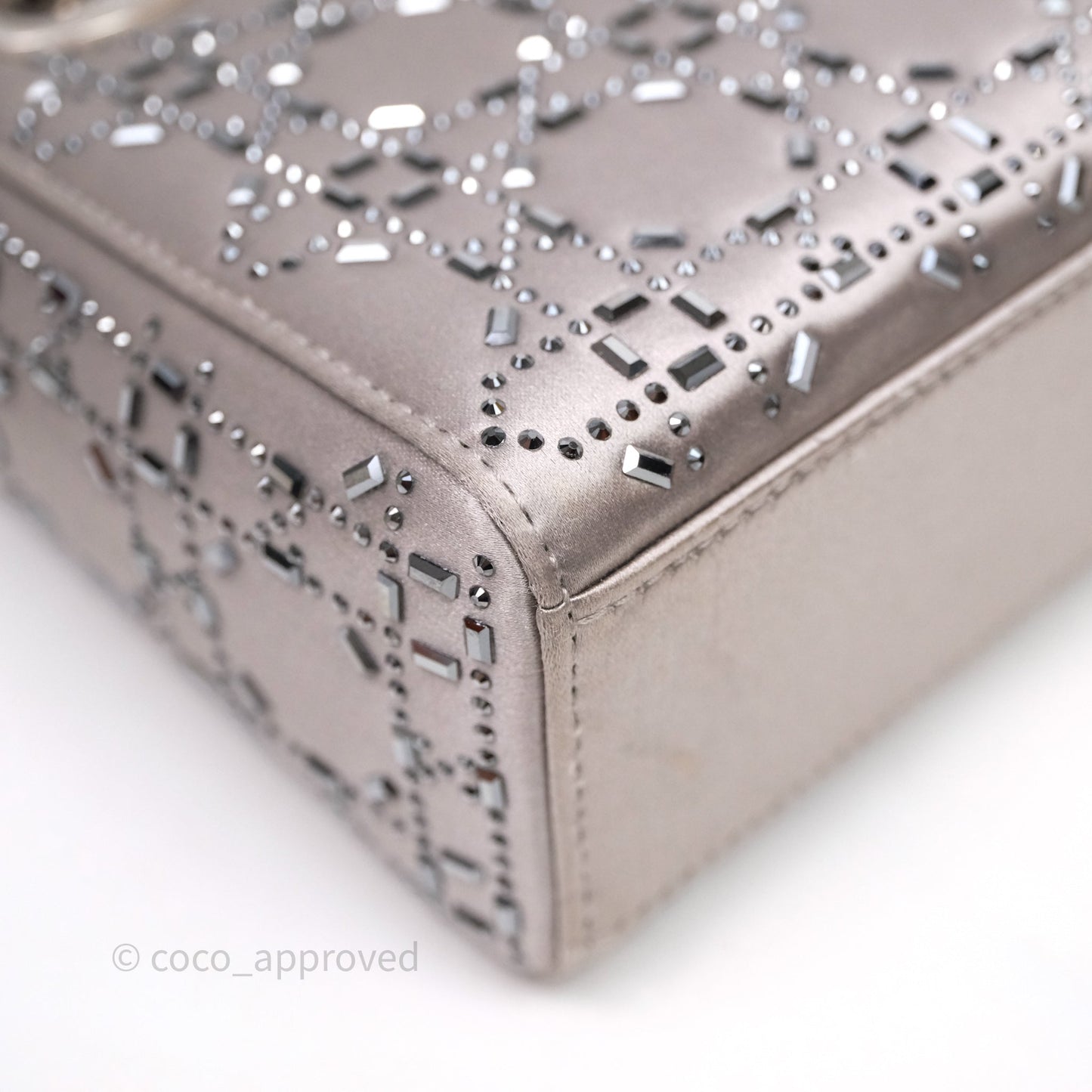 Christian Dior Mini Lady Dior Bag Grey Strass Cannage Satin Silver Hardware