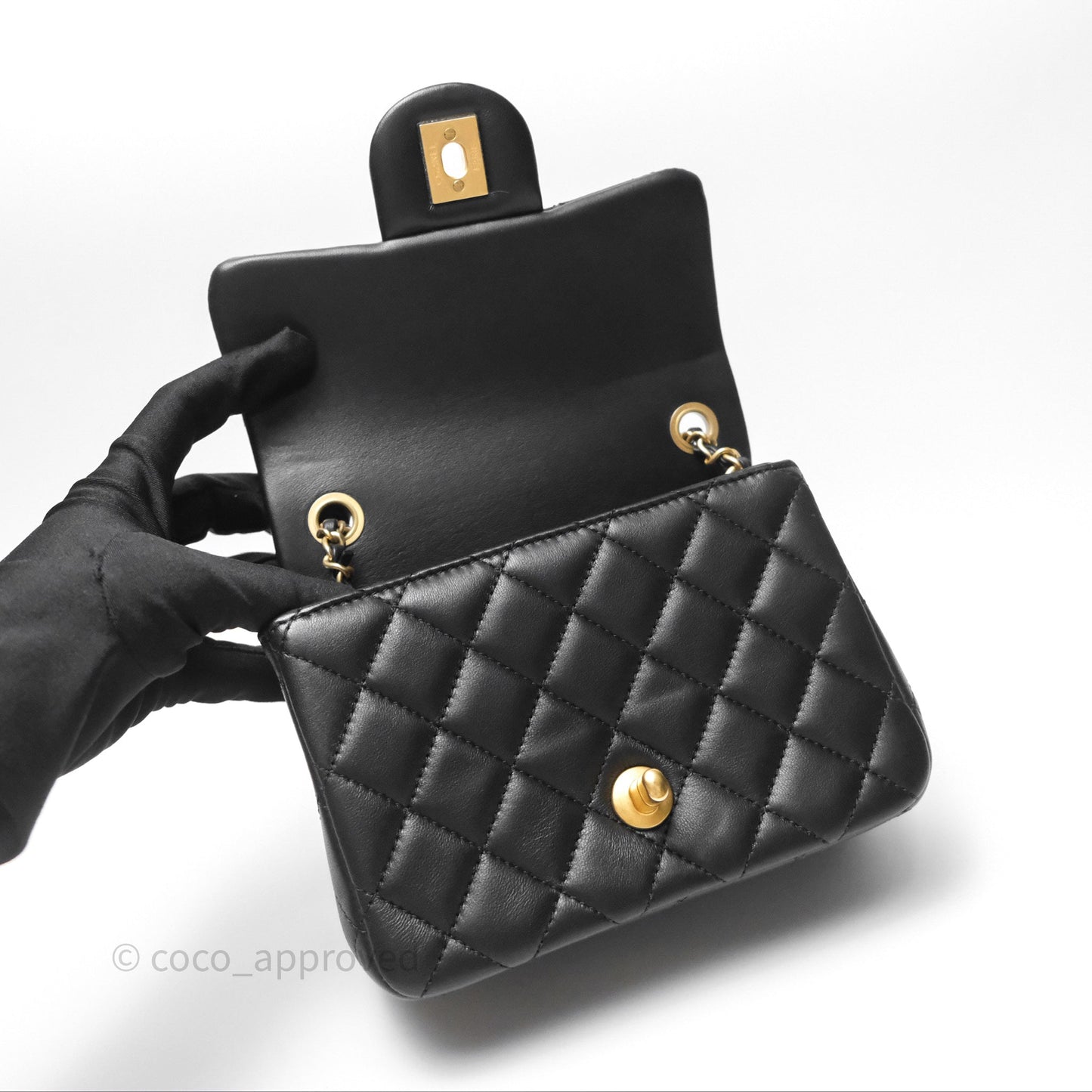 Chanel Pearl Crush Mini Square Quilted Black Lambskin Aged Gold Hardware
