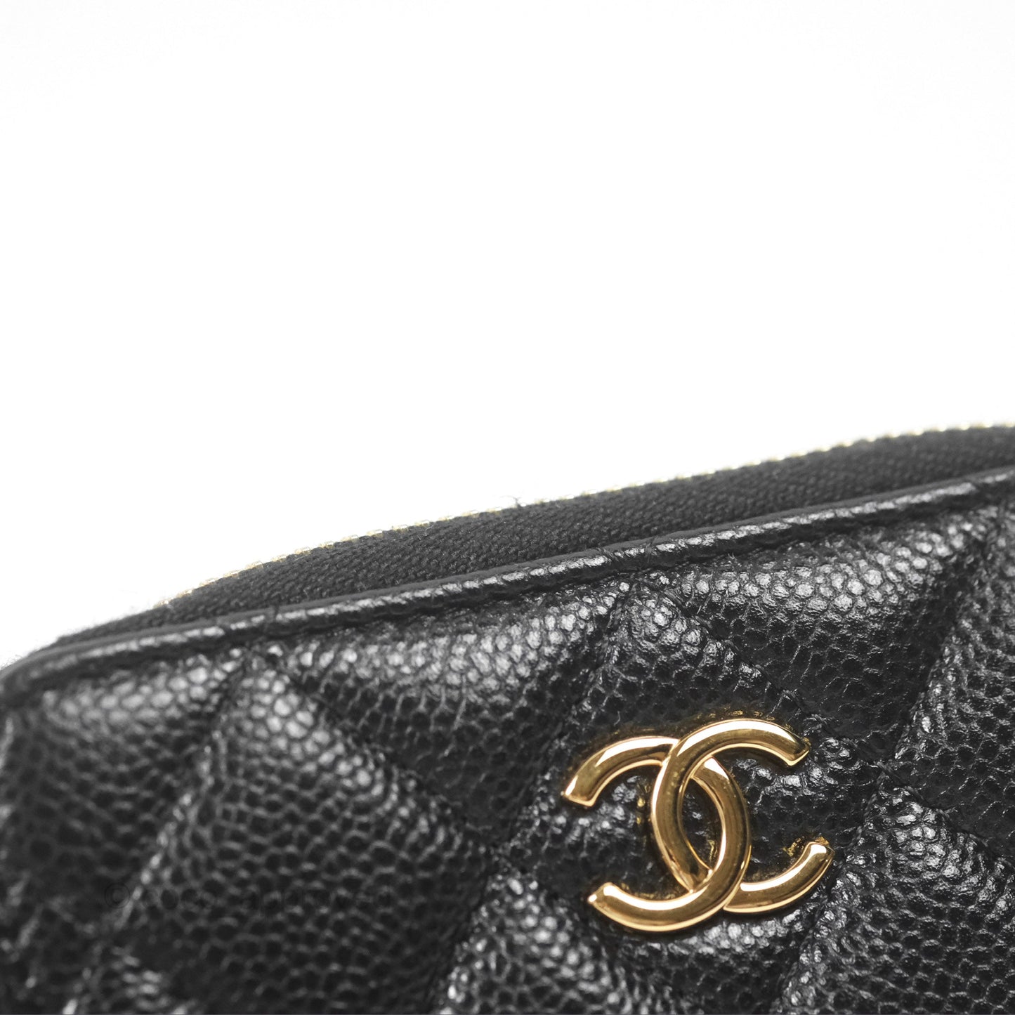 Chanel Miss Coco Quilted Zip Card Holder on Chain Black Caviar Gold Hardware