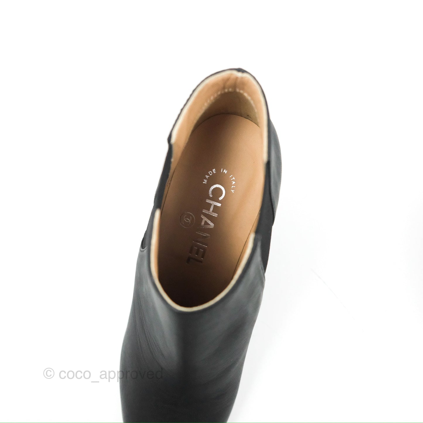 Chanel CC Pointy Toe Chain Wedge Ankle Boots Black