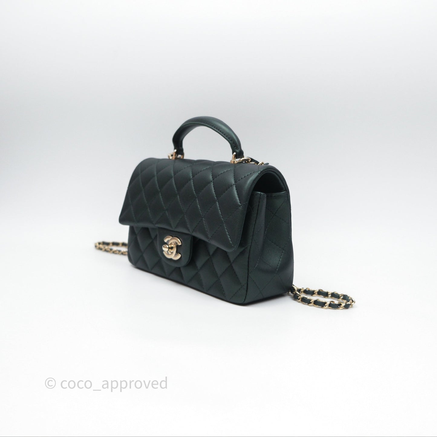Chanel Top Handle Mini Rectangular Flap Iridescent Green Lambskin Gold Hardware