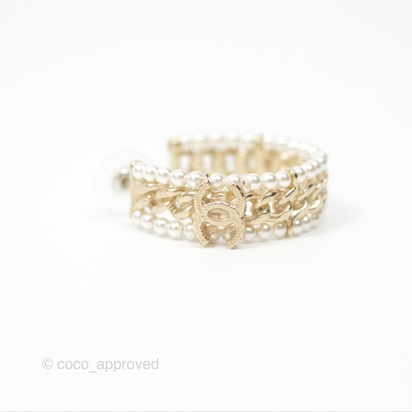 Chanel CC Pearl Hoop Earrings Gold Tone 20C