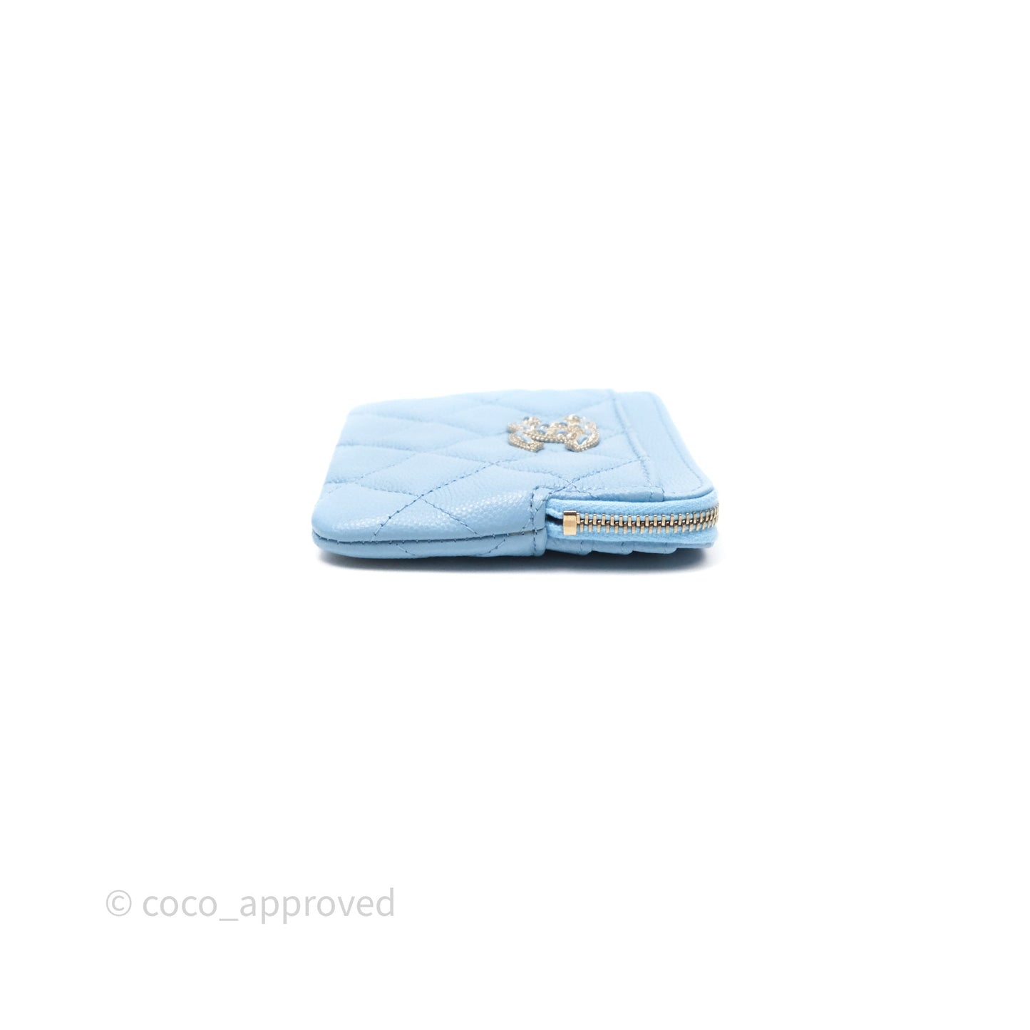 Chanel Quilted Crystal CC Zip Card Holder Wallet Light Blue Caviar Gold Hardware