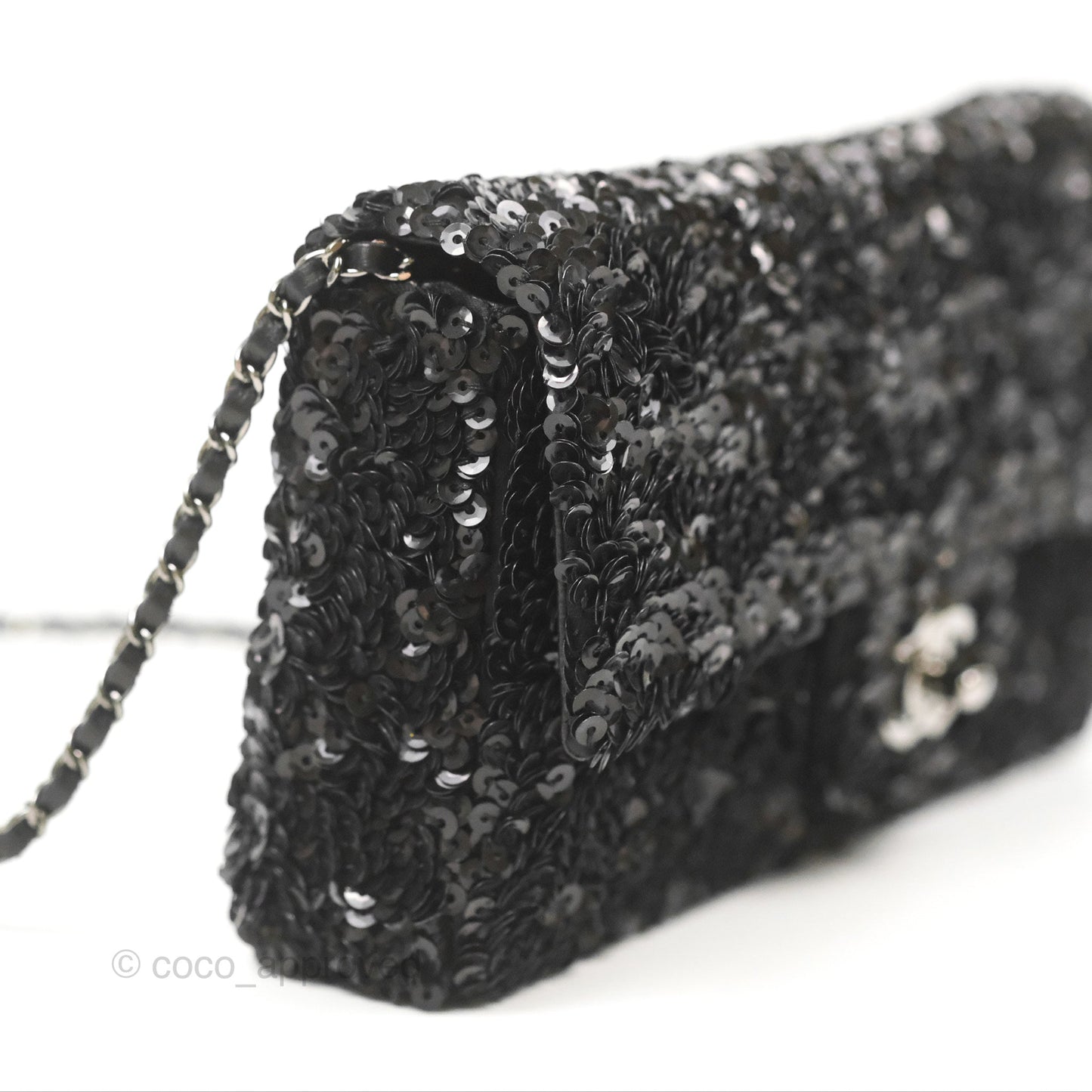 Chanel East West Flap Bag Black Sequin Dark Silver Hardware