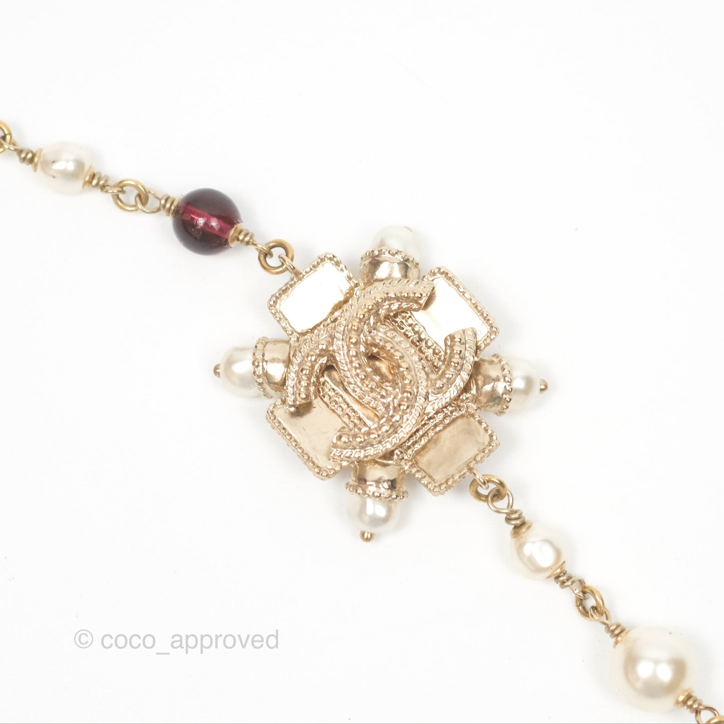 Chanel CC Pearl GemStone Long Necklace Gold Tone 17A