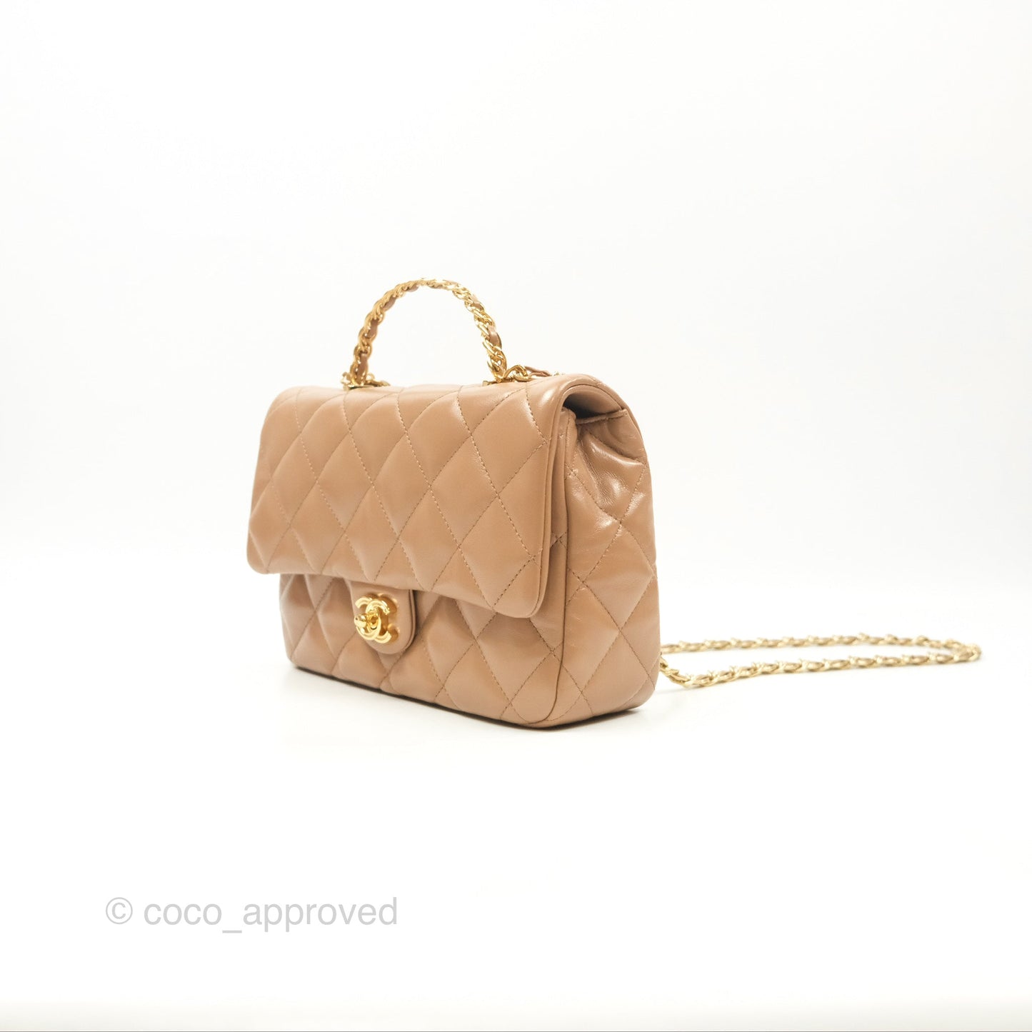Chanel Top Handle Flap Bag Beige Shiny Lambskin Gold Hardware 23A