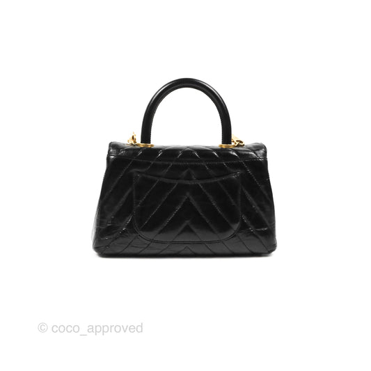 Chanel Chevron Small Coco Handle Black Shiny Aged Calfskin Aged Gold Hardware’s