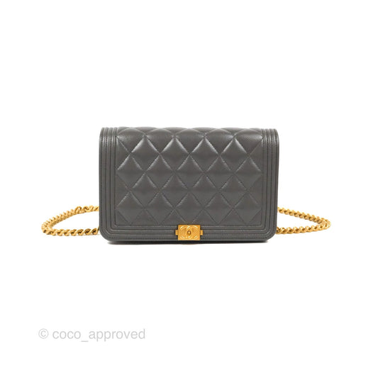 Chanel Quilted Boy Wallet on Chain WOC Dark Grey Caviar Gold Hardware