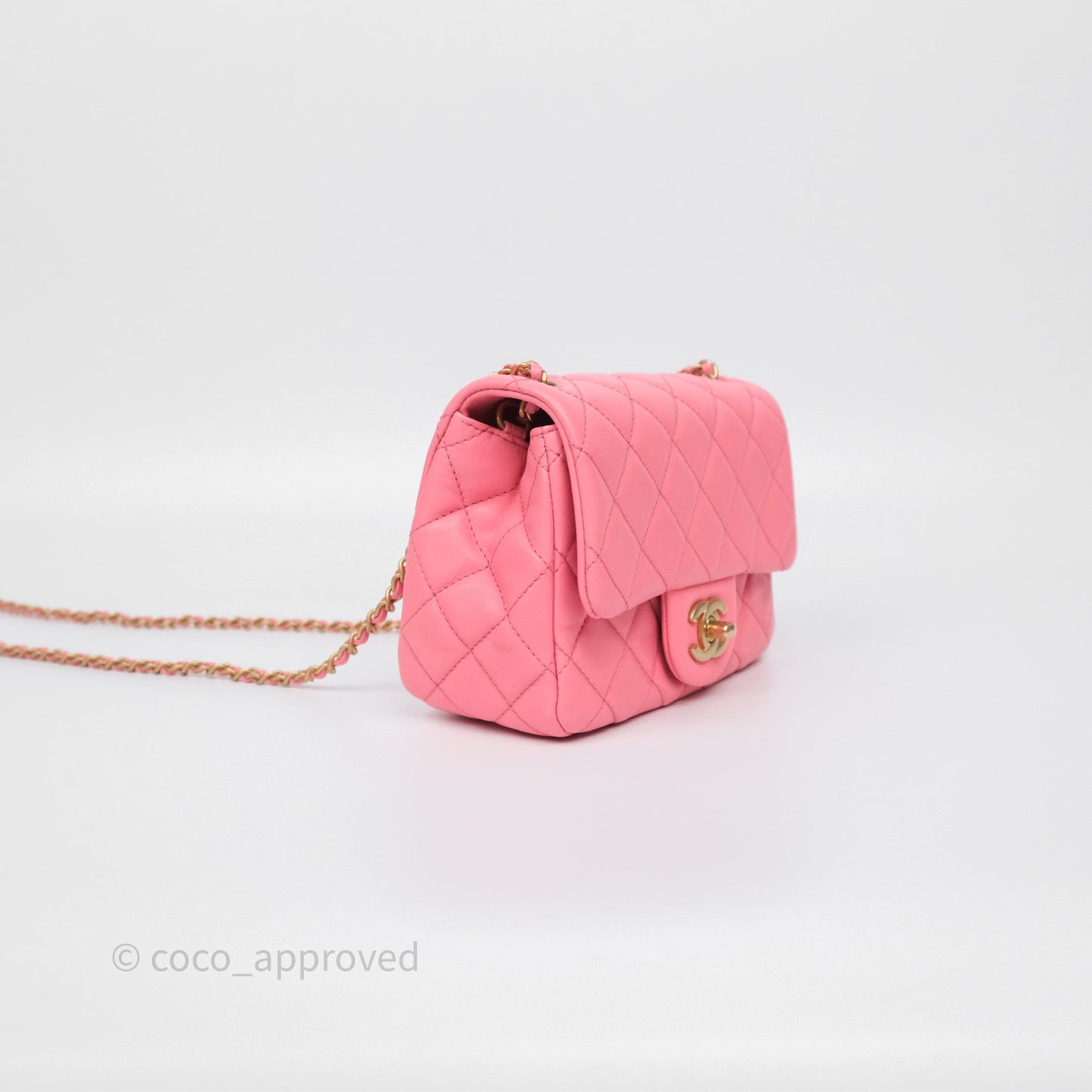 Chanel Pearl Crush Mini Square Quilted Pink Lambskin Aged Gold Hardware