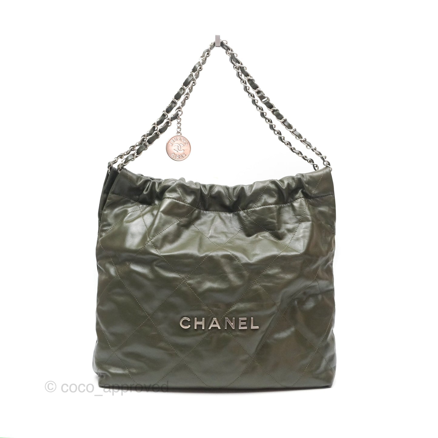 Chanel 22 Medium Green Shiny Calfskin Ruthenium Hardware