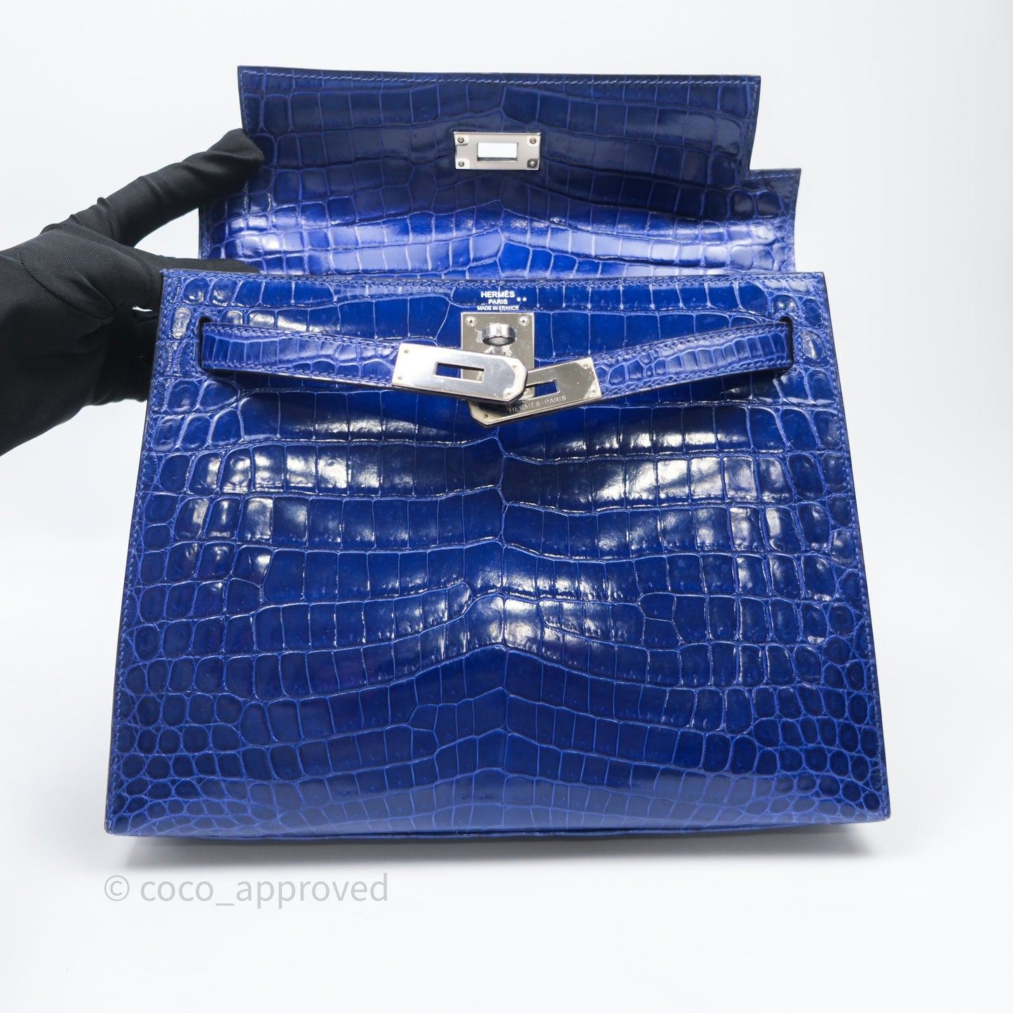 Hermès Kelly 28 Blue Croc Palladium Hardware