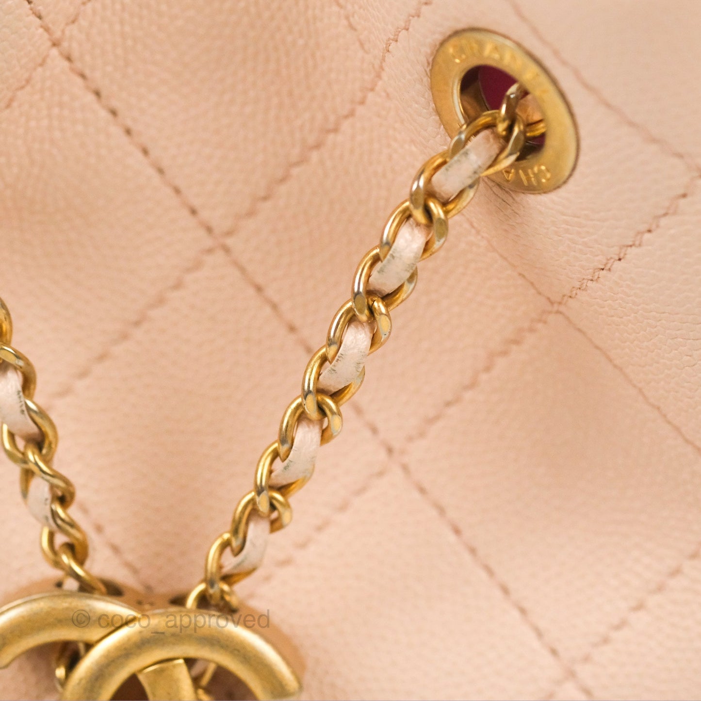 Chanel Quilted Top Handle Drawstring Bucket Bag Pink Caviar Aged Gold Hardware