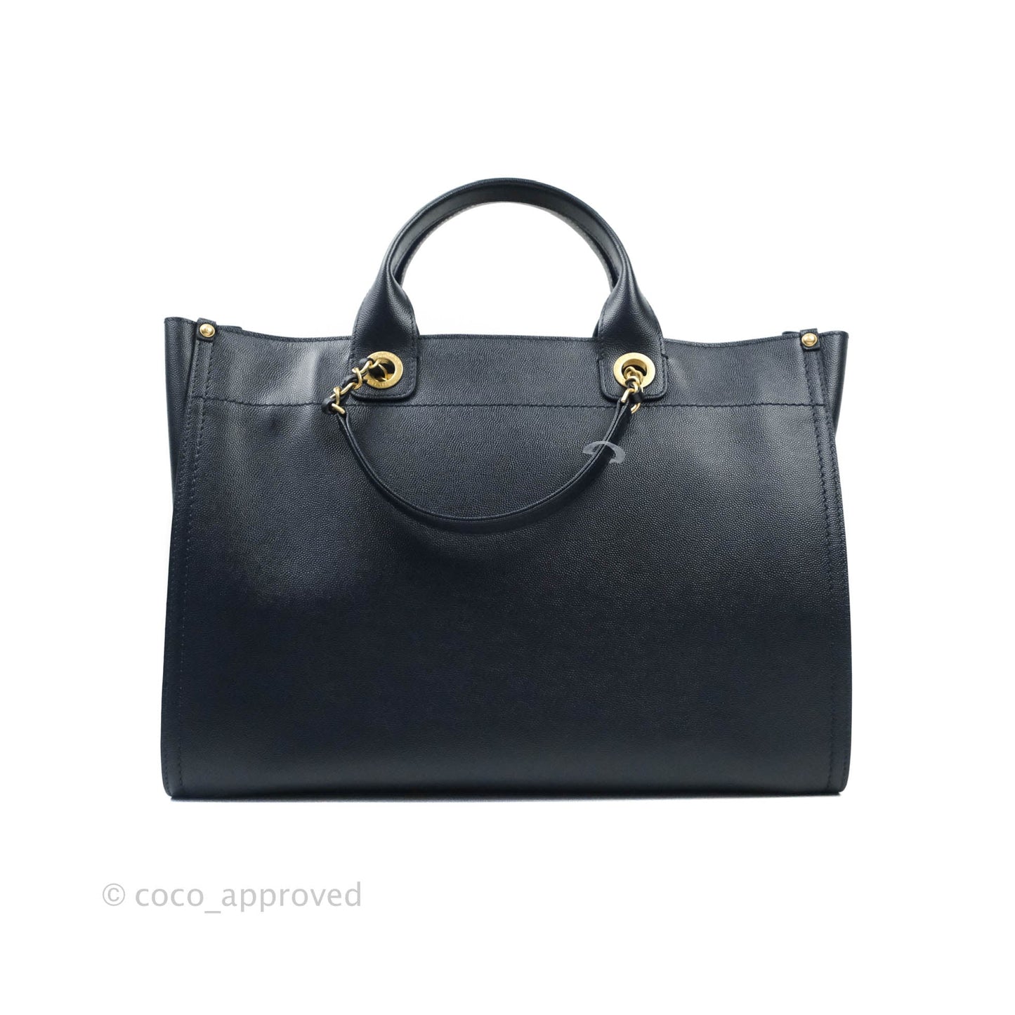 Chanel Medium Studded Navy Caviar Deauville Shopping Bag Aged Gold Hardware