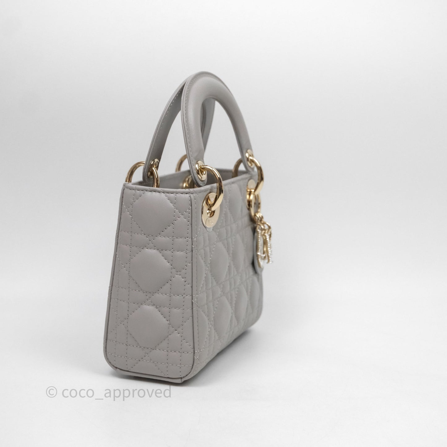 Christian Dior Mini Lady Dior Gray Lambskin Cannage Diamonds Gold Hardware