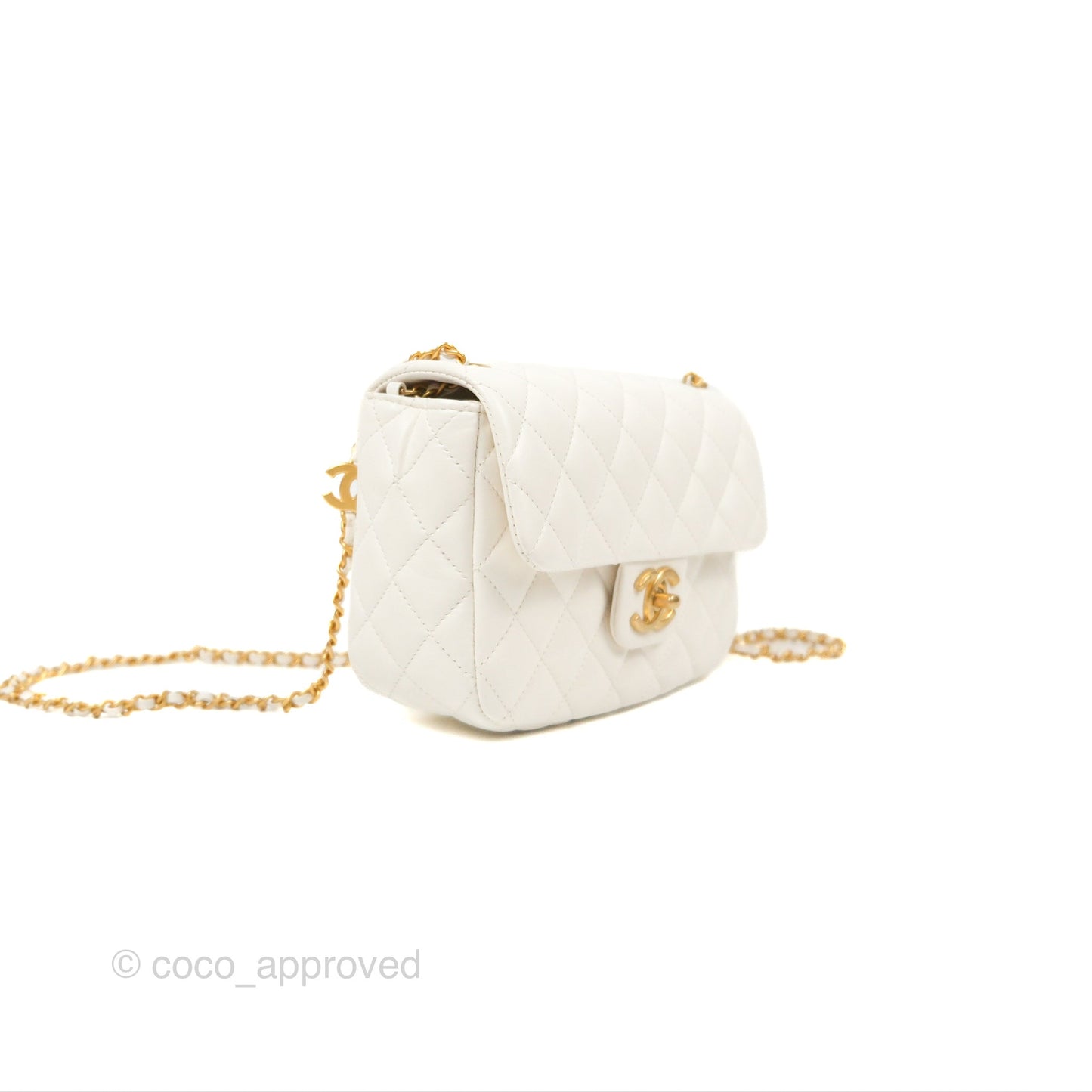 Chanel Mini Flap Bag with Coco Heart Chain White Lambskin Aged Gold Hardware