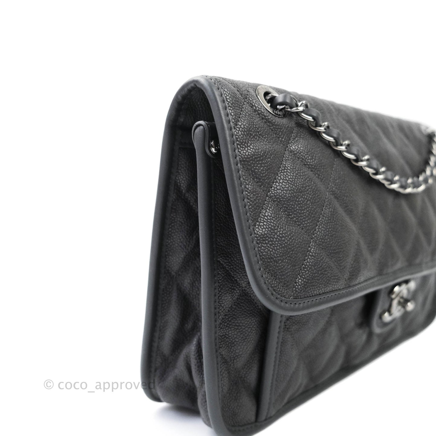 Chanel French Riviera Quilted Large Flap Bag Caviar Grey Silver Hardware