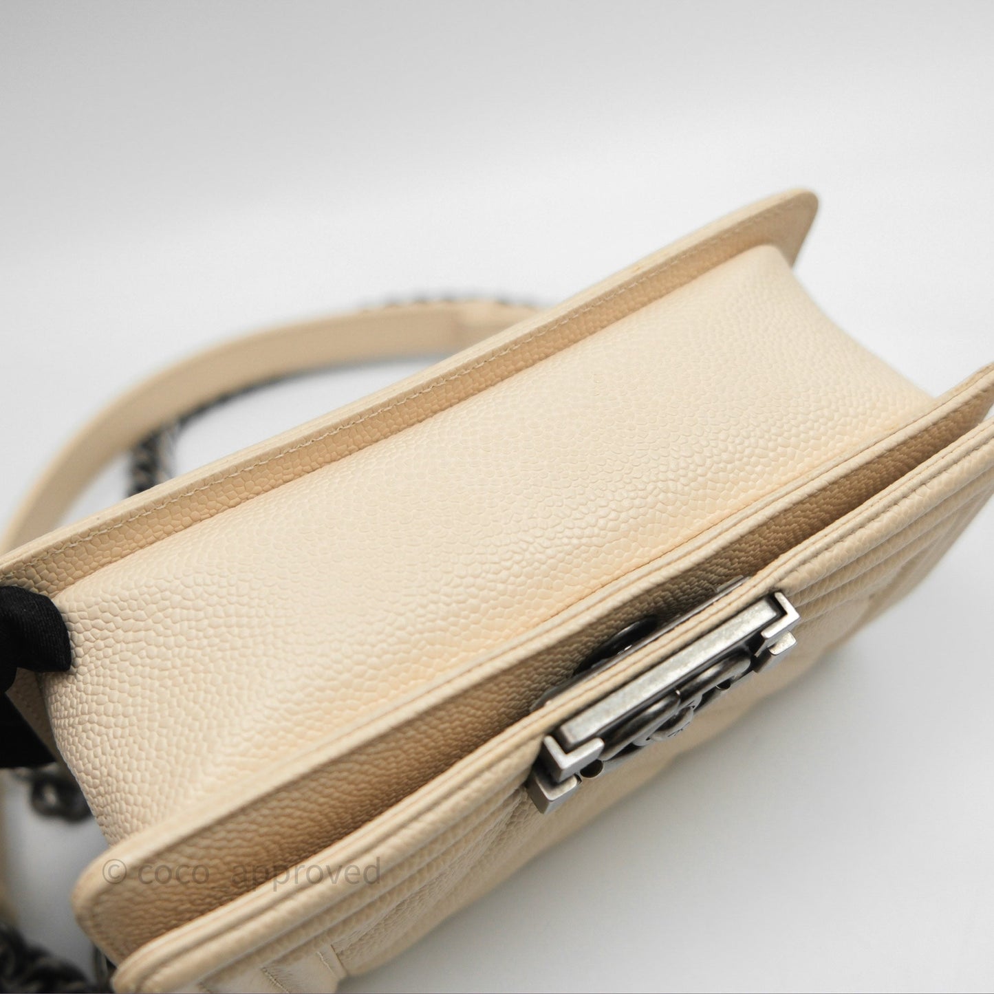 Chanel Small Boy Chevron Beige Caviar Ruthenium Hardware
