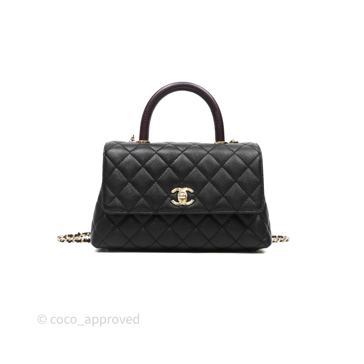 Chanel Mini Coco Handle Quilted Black Caviar Light Gold Hardware Lizard Embossed Handle