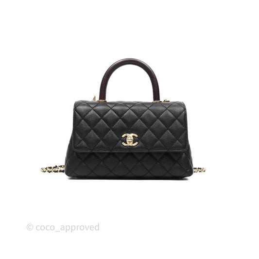 Chanel Mini Coco Handle Quilted Black Caviar Light Gold Hardware Lizard Embossed Handle
