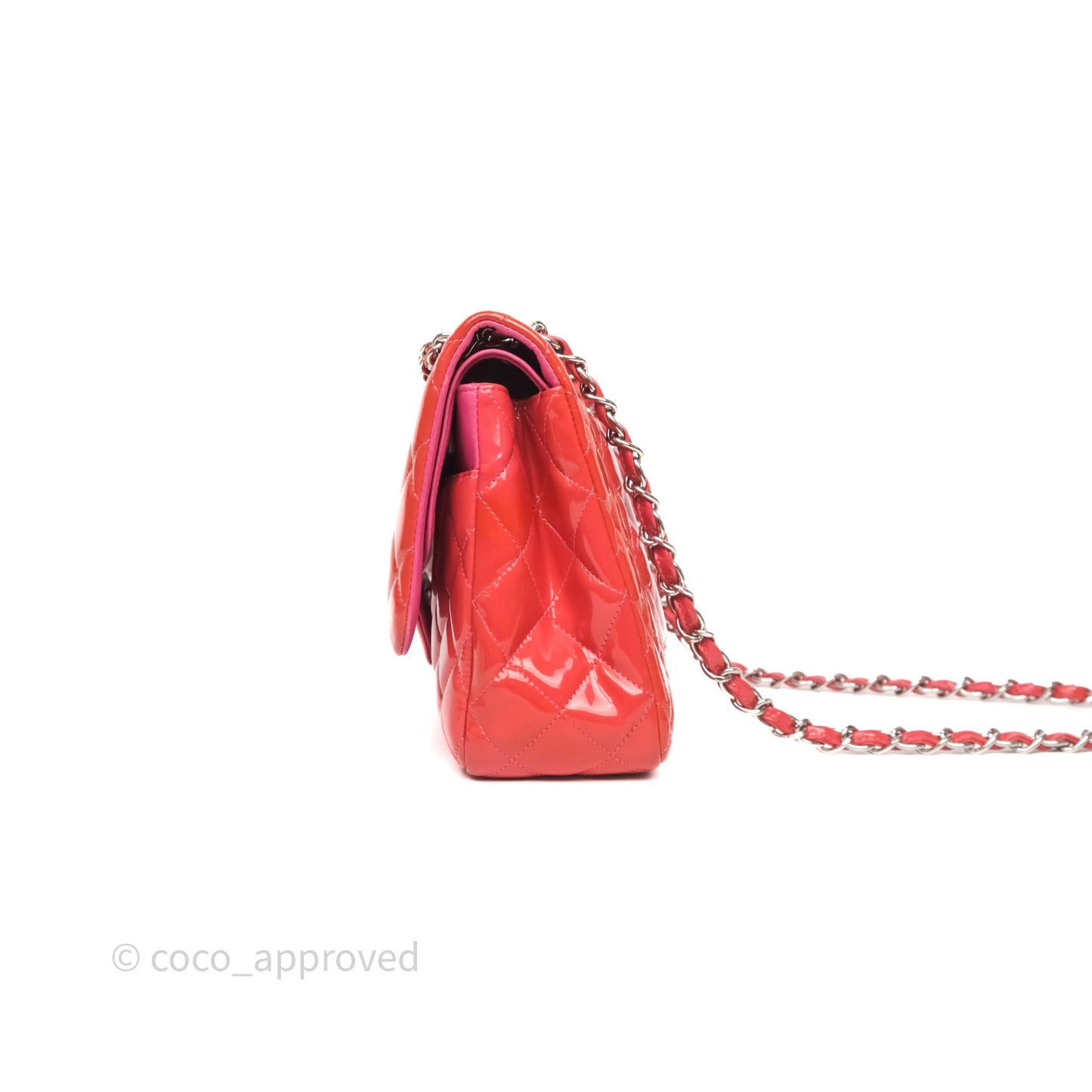 Chanel Jumbo Double Flap Red Orange Patent Silver Hardware⁣⁣