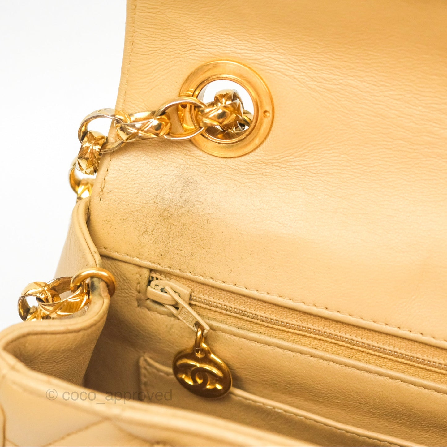 Chanel Vintage Round Flap Bag Quilted Beige Lambskin Gold Hardware