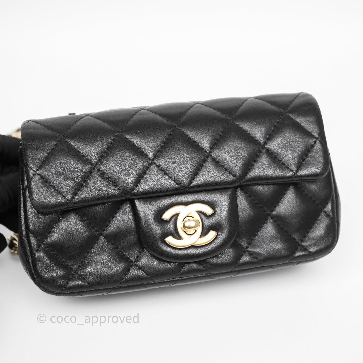 Chanel Quilted Extra Mini Rectangular Flap Black Lambskin Aged Gold Hardware
