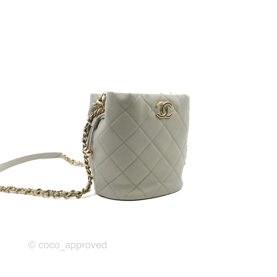 Chanel Quilted Drawstring Bucket Bag Grey Lambskin Gold Hardware 22C