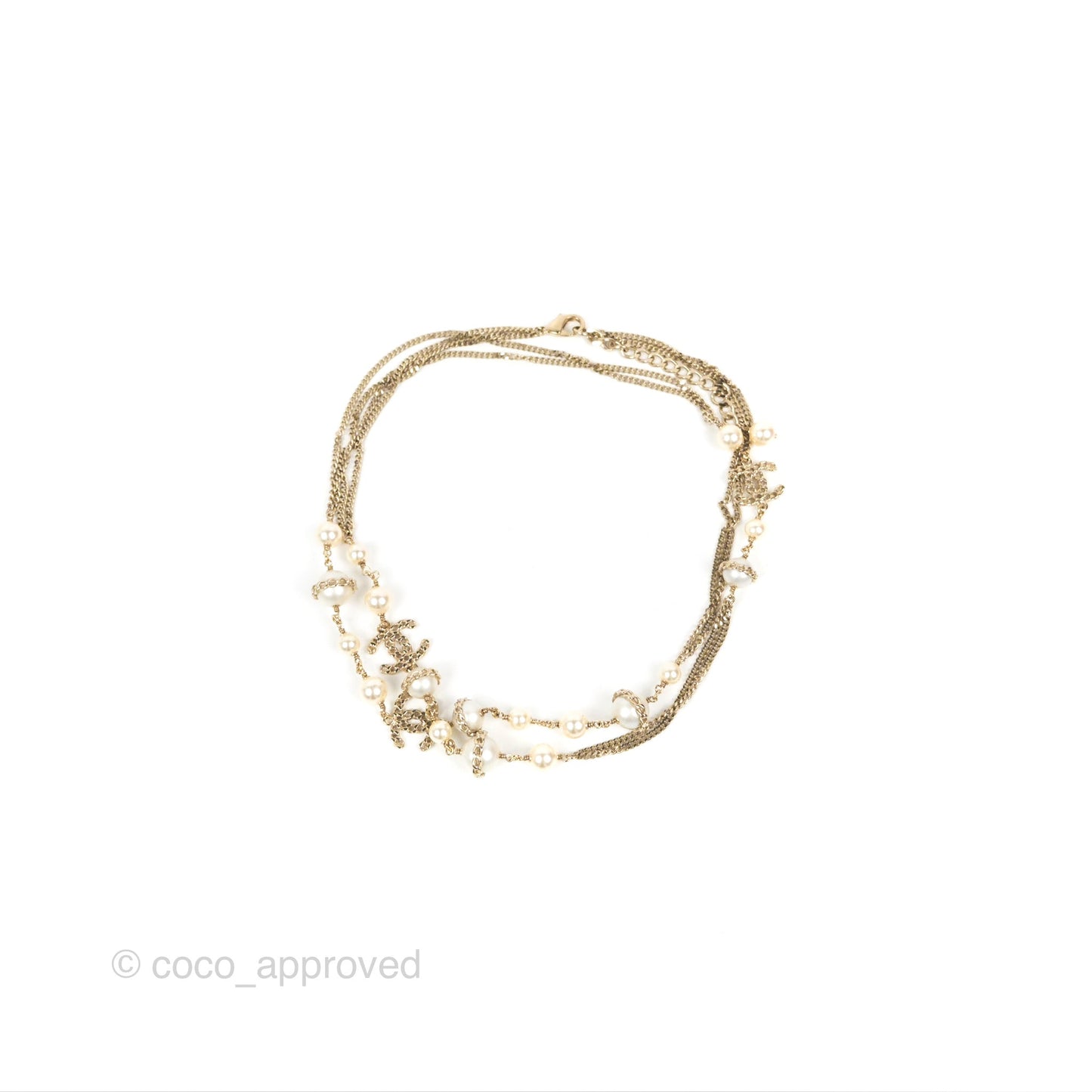 Chanel CC Pearl Chain Long Necklace Gold Tone 16B