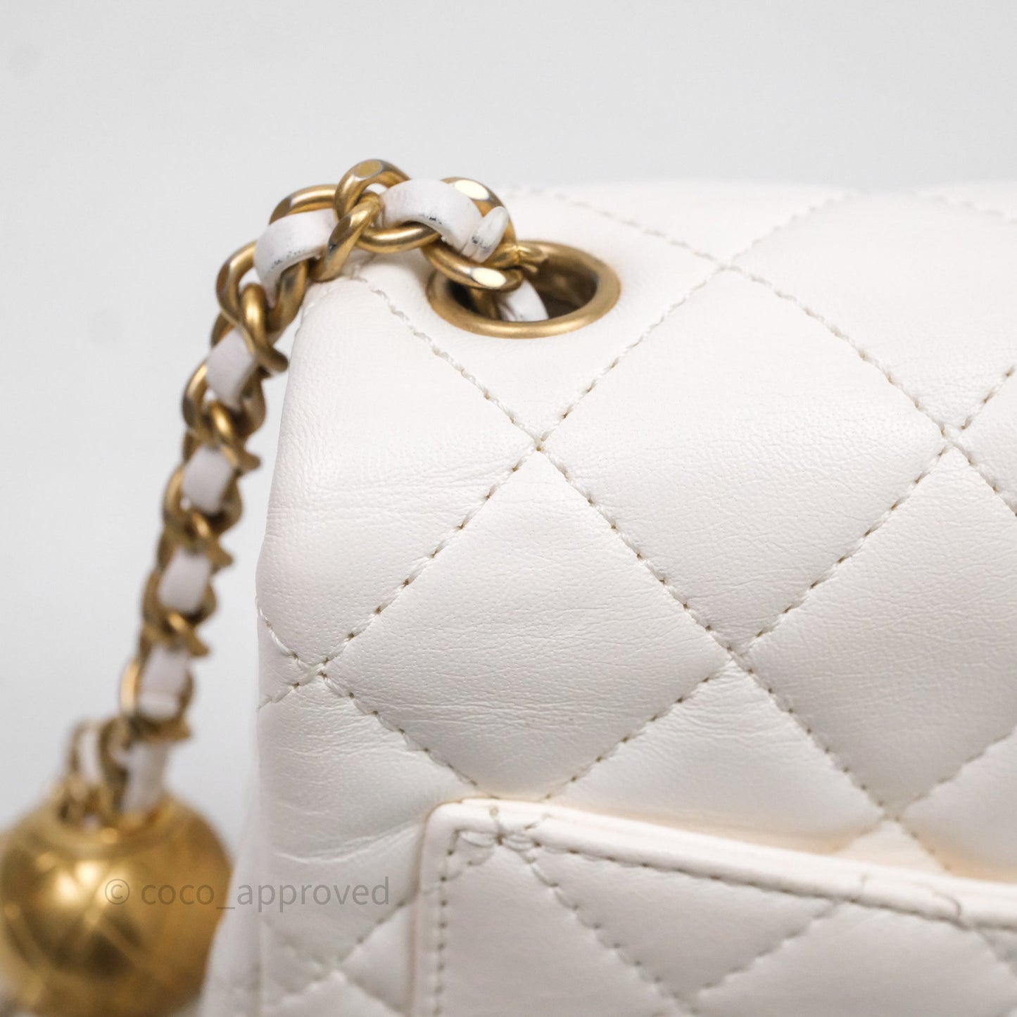 Chanel Mini Square Pearl Crush Quilted White Lambskin Aged Gold Hardware