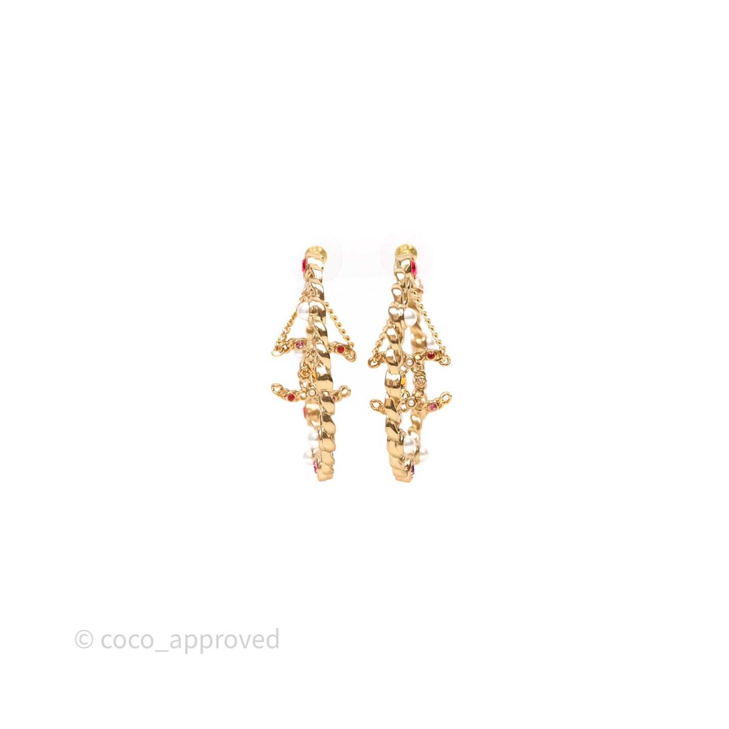 Chanel CC Pearl Crystal Hoop Earrings Gold Tone 21P