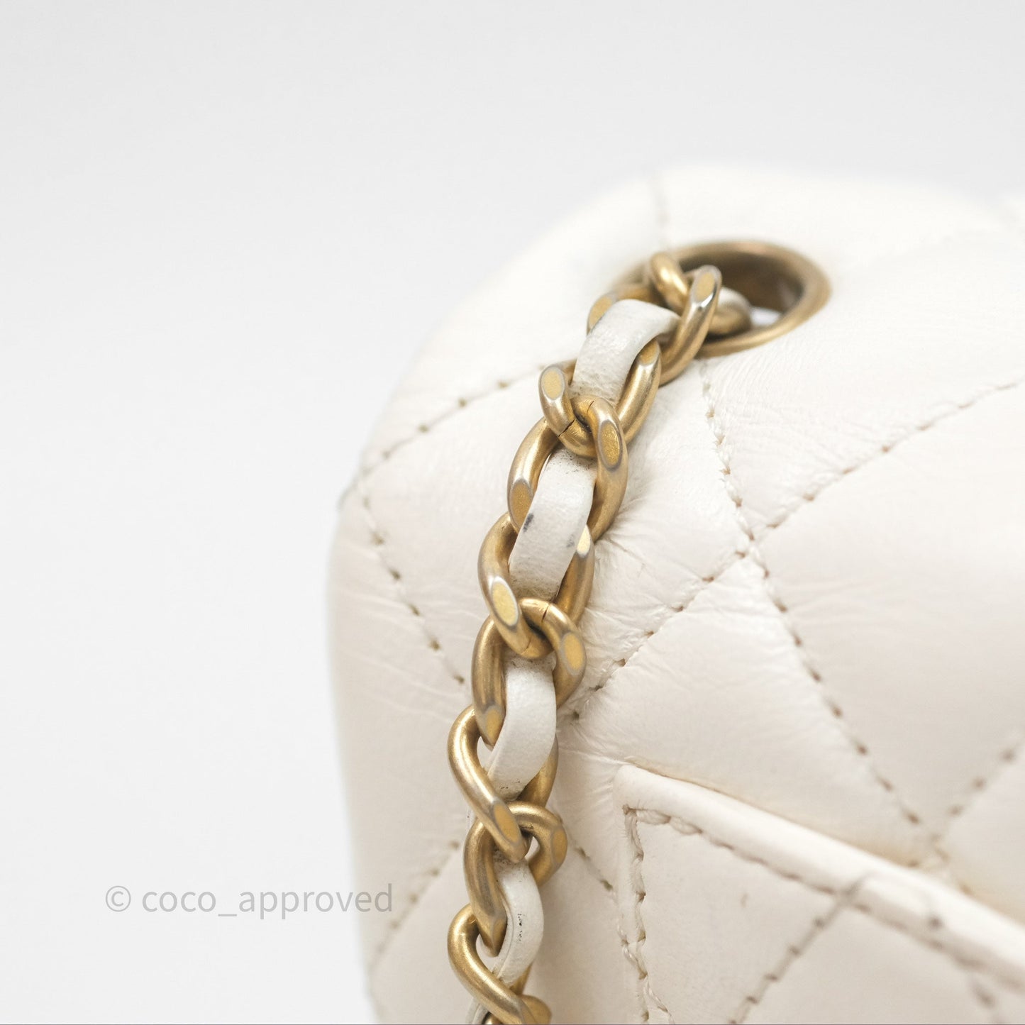 Chanel Mini Rectangular Pearl Crush Quilted White Lambskin Aged Gold Hardware