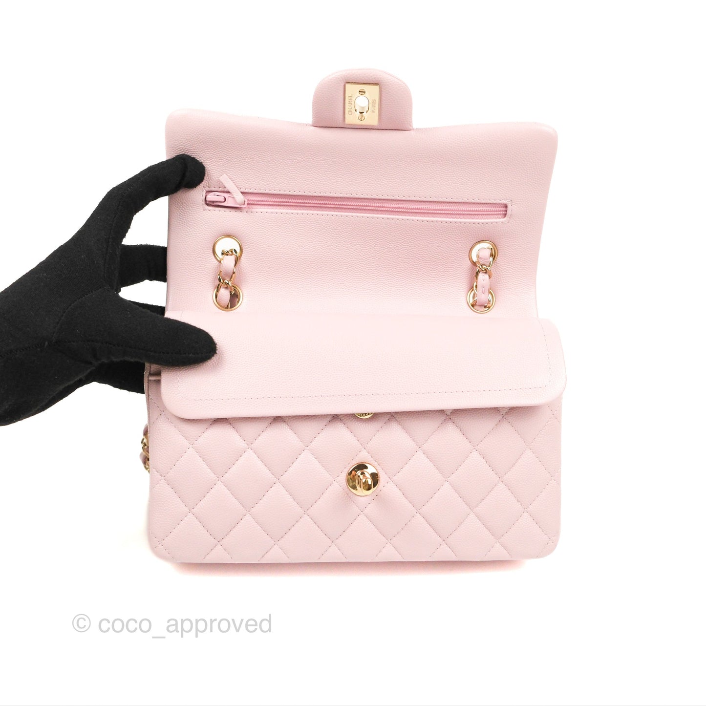 Chanel Small Classic Quilted Flap Pink Caviar Gold Hardware 21S