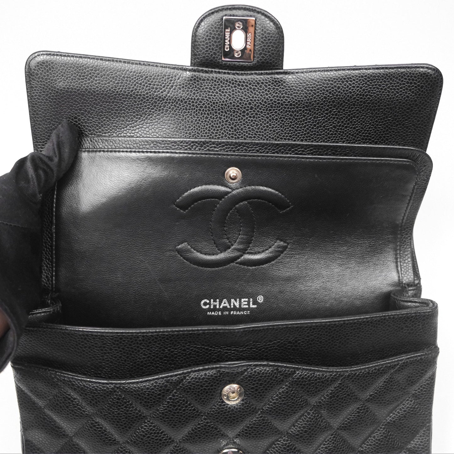 Chanel Classic M/L Medium Flap Quilted Black Caviar Silver Hardware