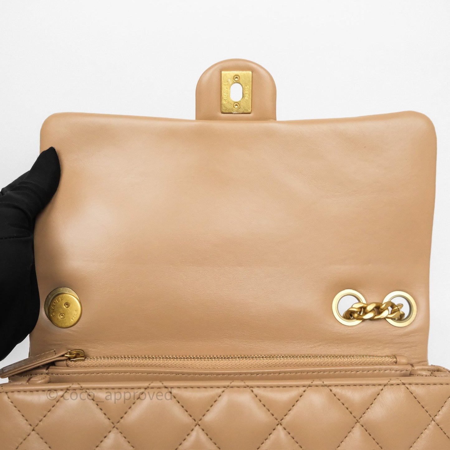 Chanel Medium All Slide Adjustable Chain Flap Bag Beige Lambskin Aged Gold Hardware