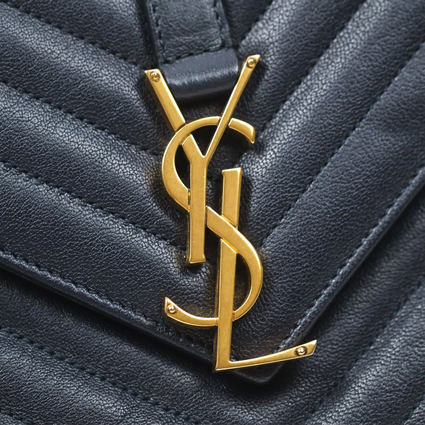 Saint Laurent Chevron Medium College Navy Chain Bag Gold Hardware