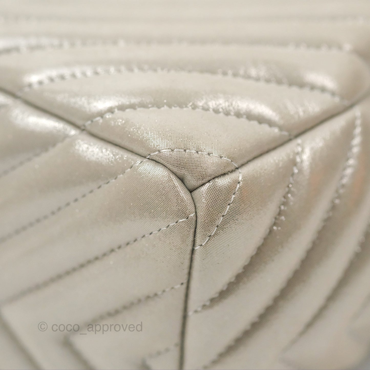 Chanel Small Urban Spirit Drawstring Bag Chevron Iridescent Silver Calfskin