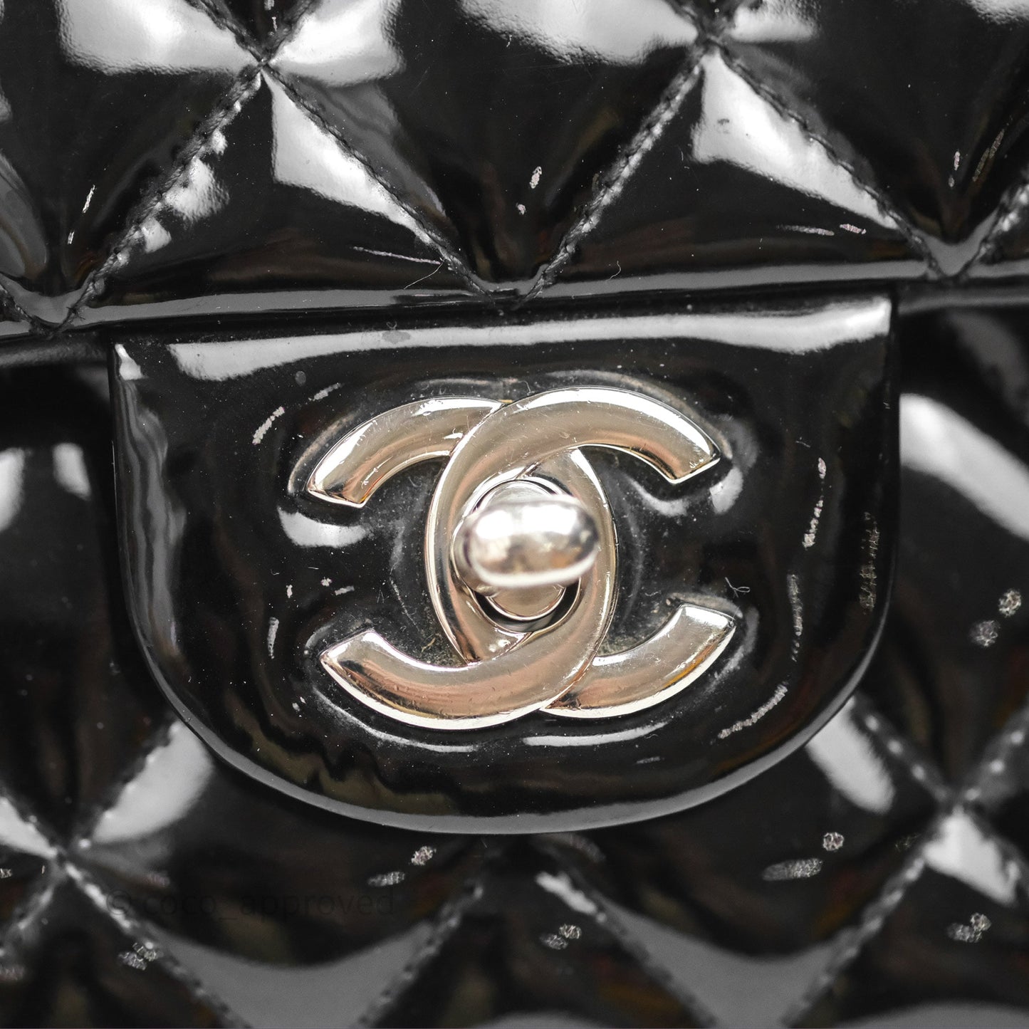 Chanel Classic M/L Medium Flap Quilted Black Patent Silver Hardware