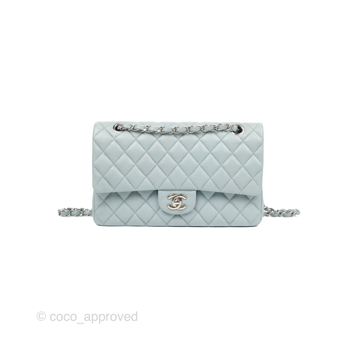 Chanel Classic M/L Medium Flap Quilted Light Grey Blue Caviar Silver Hardware
