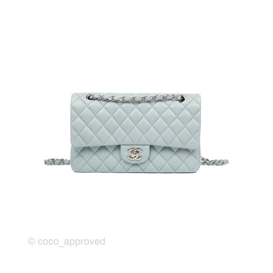 Chanel Classic M/L Medium Flap Quilted Light Grey Blue Caviar Silver Hardware