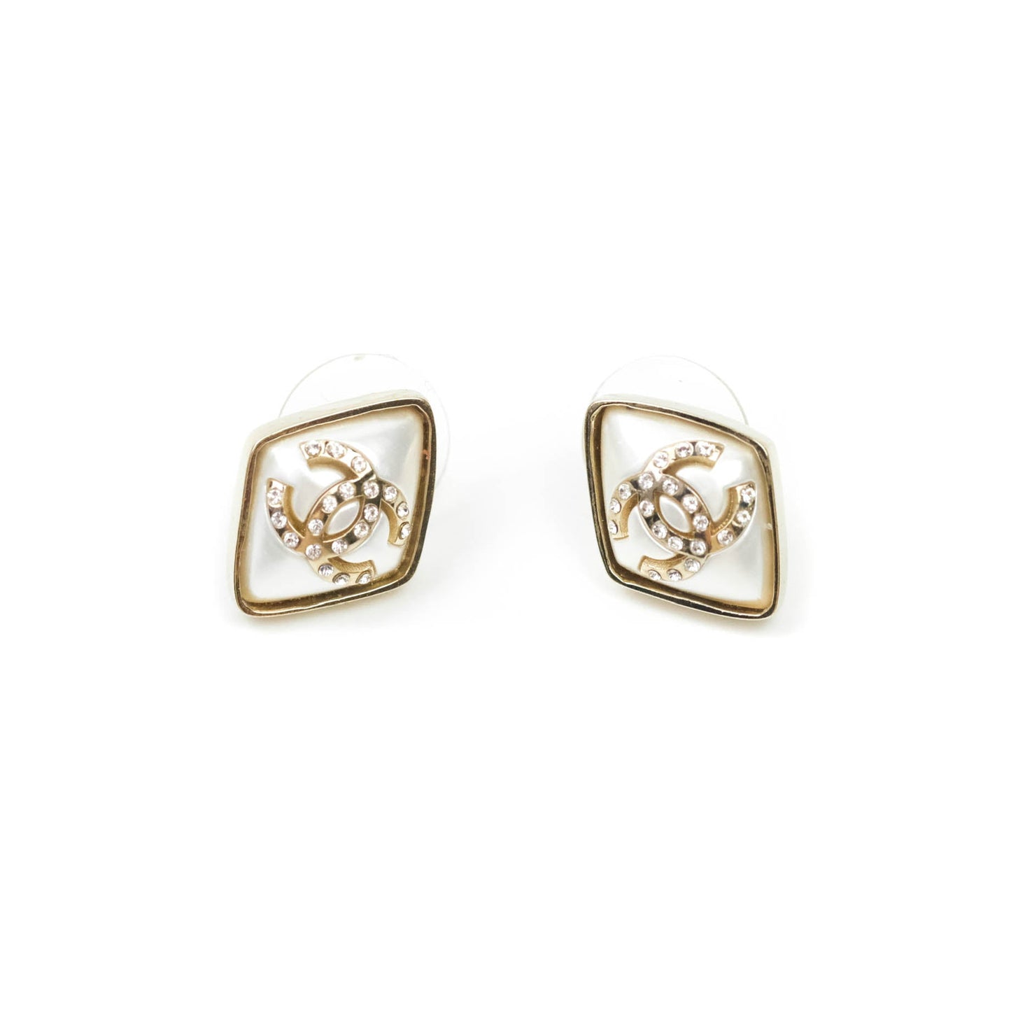 Chanel Diamond Shape CC Rhinestone Earrings Gold Tone 21P