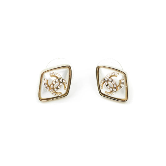 Chanel Diamond Shape CC Rhinestone Earrings Gold Tone 21P