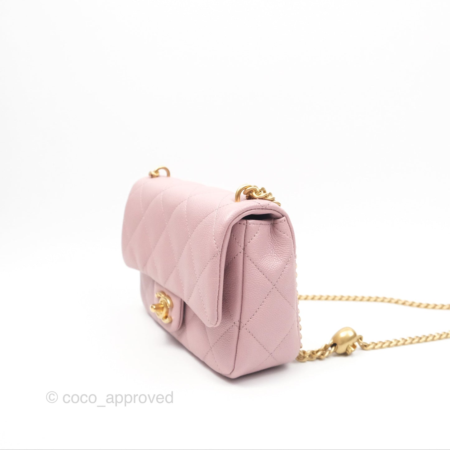 Chanel Mini Flap Bag Heart Adjustable Chain Dusty Pink Caviar Aged Gold Hardware