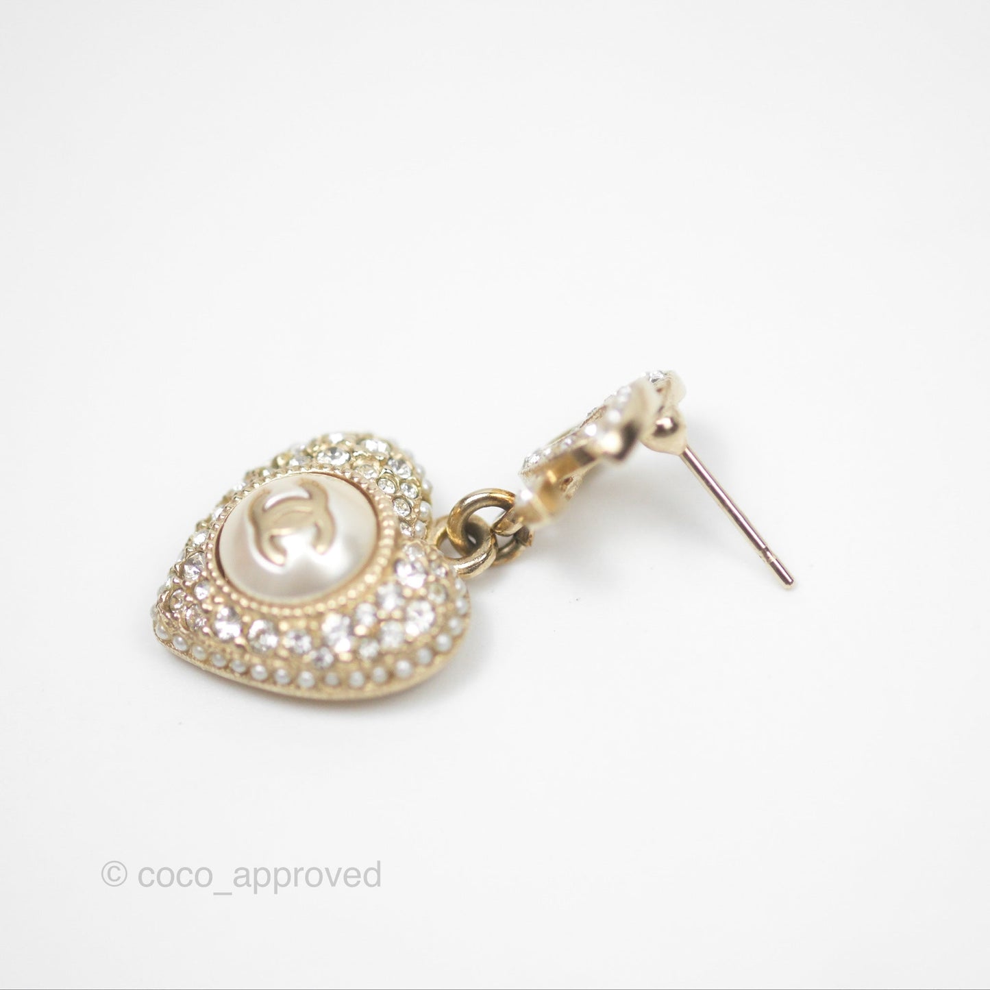 Chanel Crystal CC Pearl Heart Drop Earrings Gold Tone 23V