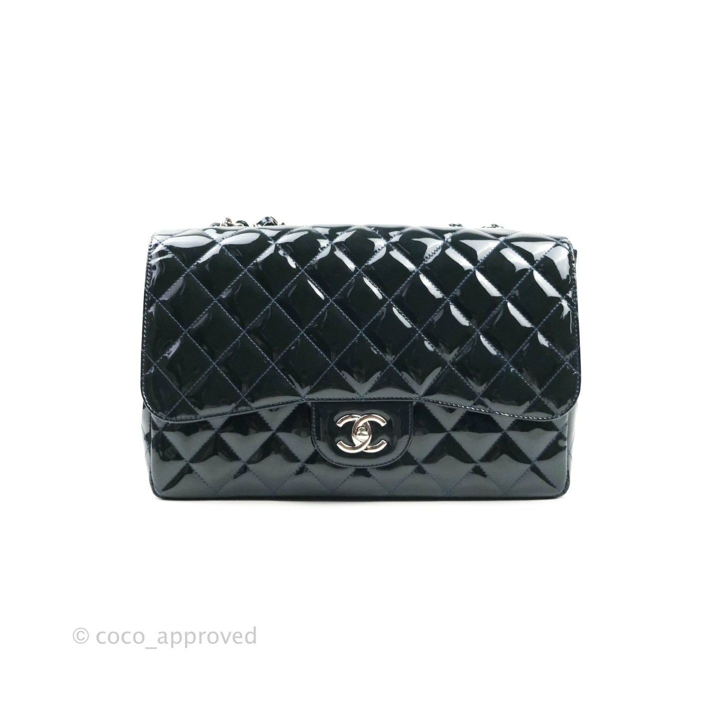 Chanel Jumbo Single Flap Teal Blue Patent Silver Hardware